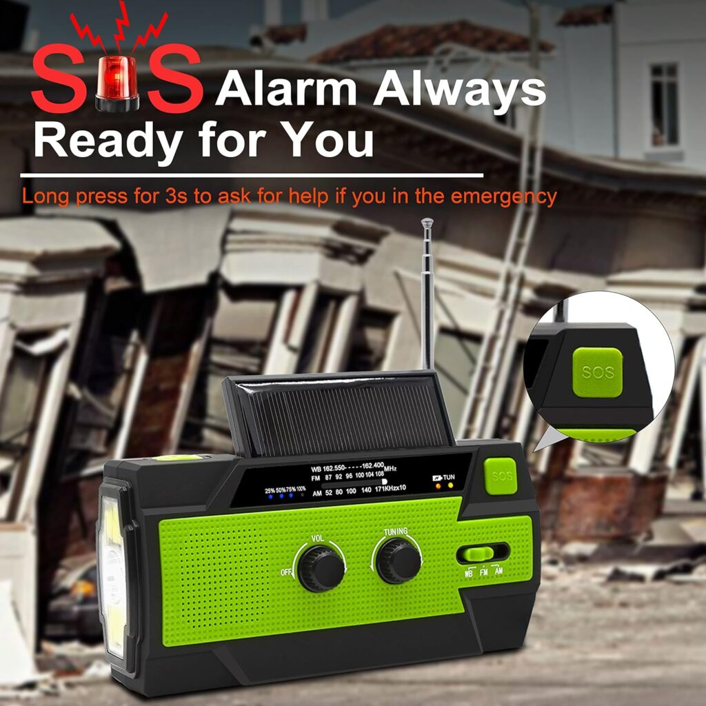 Emergency Crank Weather Radio, 4000mAh Solar Hand Crank Portable AM/FM/NOAA, with 1W 3 Mode Flashlight  Motion Sensor Reading Lamp, Cell Phone Charger, SOS for Home and Emergency Green