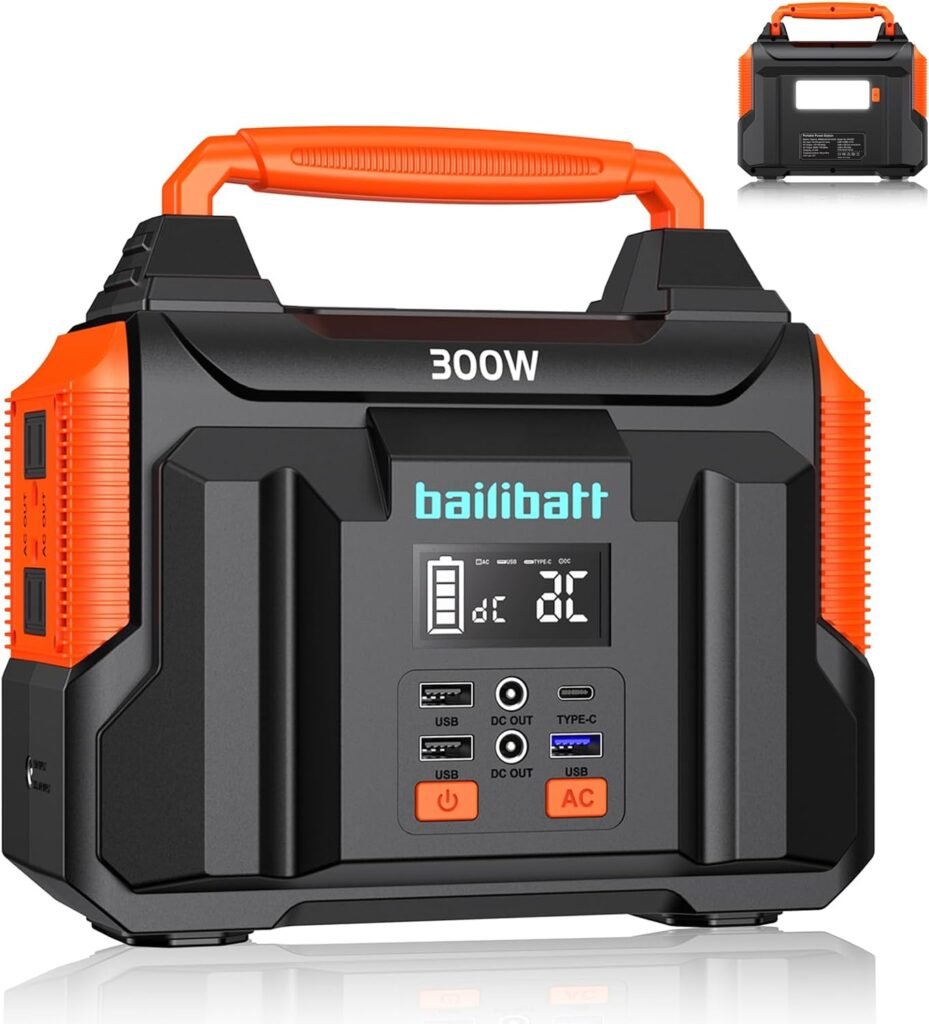Portable Power Station 300W(Peak 600W), BailiBatt 257Wh 8-Port Portable Generator with Flashlight, 110V Pure Sine Wave AC Outlet Lithium Battery, Solar Generator for CPAP Home Camping Emergency Backup