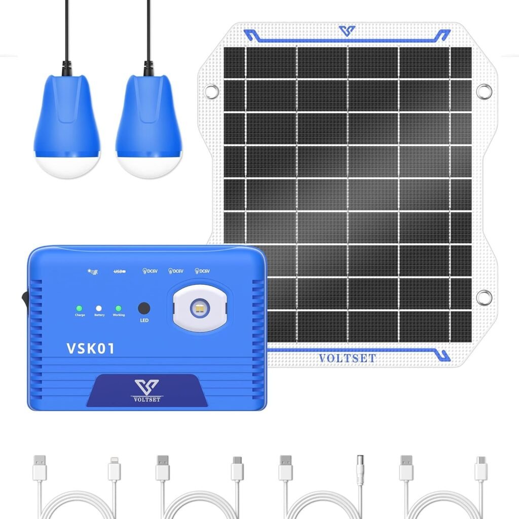 VOLTSET 5W Solar Generator - 8000mAH Solar Power Generator System with 2 LED Bulbs, Portable Power Station with Flashlight for Camping, Phone Charging, Home Emergency Power Supply
