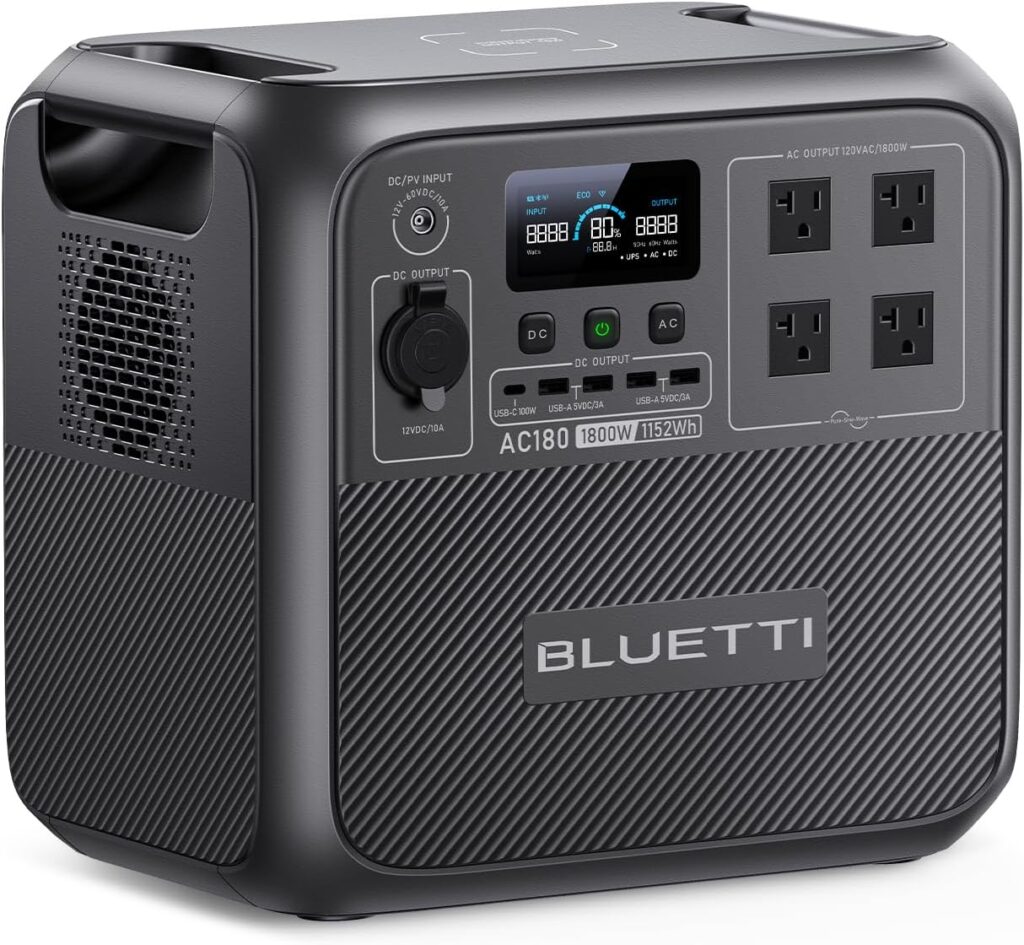 BLUETTI Portable Power Station AC180, 1152Wh LiFePO4 Battery Backup w/ 4 1800W (2700W peak) AC Outlets, 0-80% in 45 Min., Solar Generator for Camping, Off-grid, Power Outage