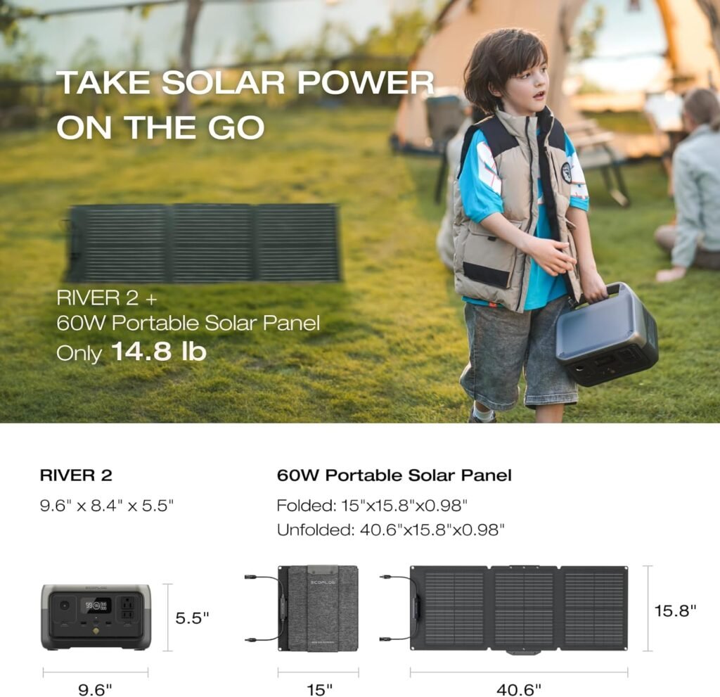 EF ECOFLOW Portable Power Station RIVER 2, 256Wh LiFePO4 Battery/ 1 Hour Fast Charging, 2 Up to 600W AC Outlets, Solar Generator (Solar Panel Optional) for Outdoor Camping/RVs/Home Use