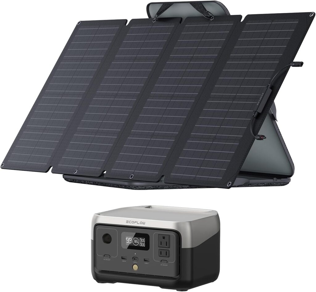 EF ECOFLOW Solar Generator 256Wh RIVER 2 with 160W Solar Panel LiFePO4 Battery, Up to 600W AC Outlets, Portable Power Station for Outdoor Camping/RVs/Home Use