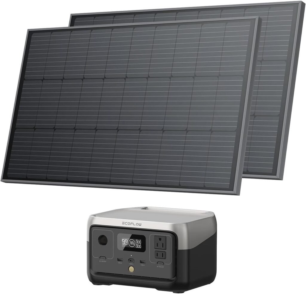EF ECOFLOW Solar Generator 256Wh RIVER 2 with 2x100W Solar Panel LiFePO4 Battery, Up to 600W AC Outlets, Portable Power Station for Outdoor Camping/RVs/Home Use