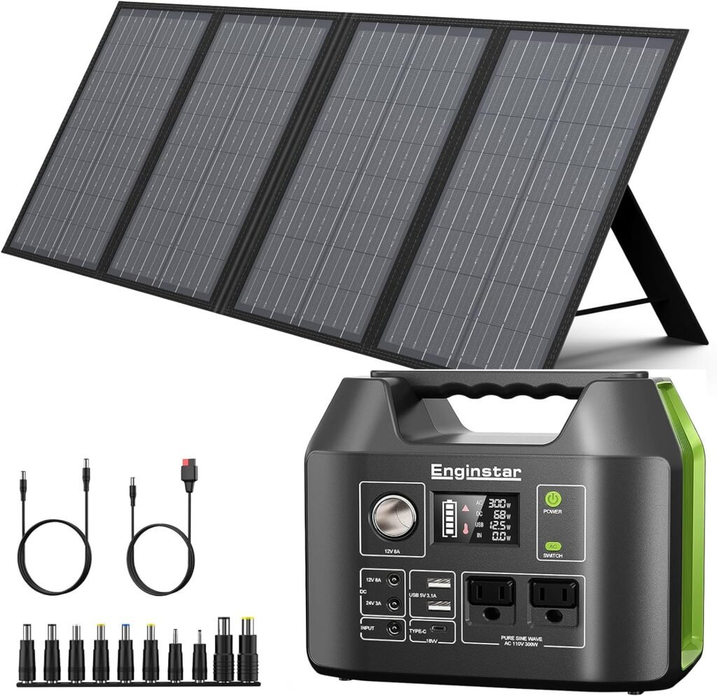 EnginStar Solar Generator 300W Green, with 60W Solar Panel, 80,000mAh Portable Power Bank with AC Outlet for Outdoors Camping Emergency Use