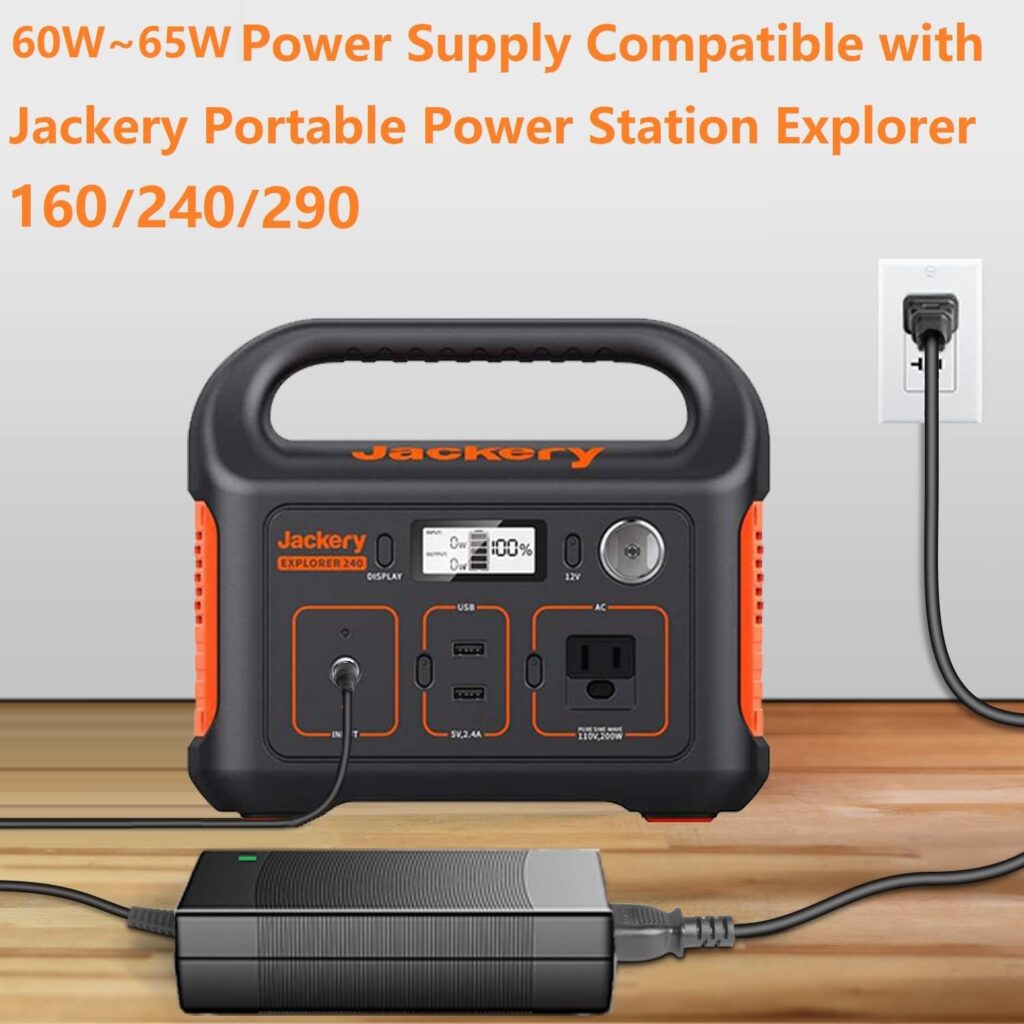 for Jackery 160/240/290 Charger,65W AC Adapter for Jackery Explorer 160/240/290/E290/E240/E160  Honda 290/200 Portable Power Station Solar Generator Power Supply Battery Charger Cord