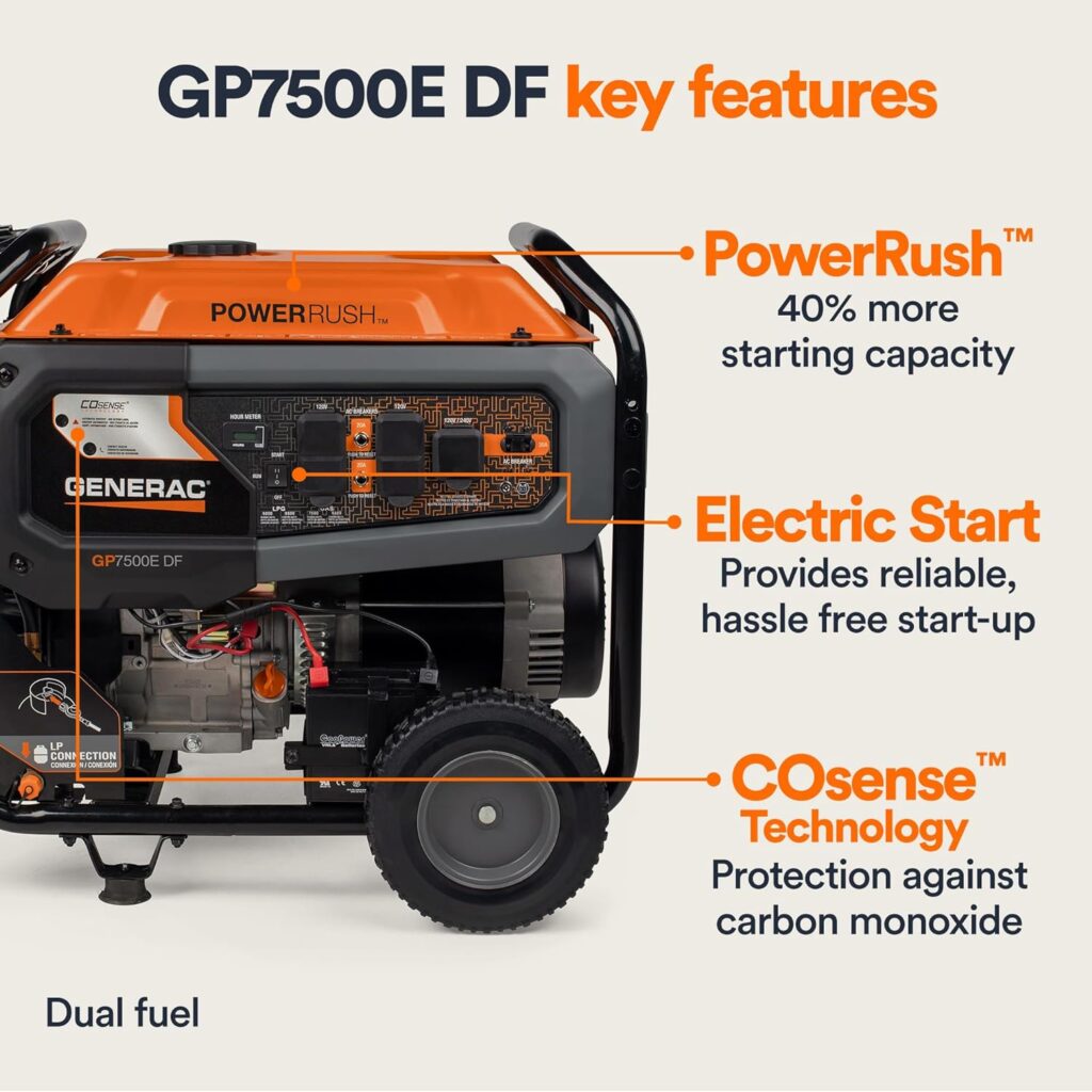 Generac 7676 GP8000E 8,000-Watt Gas-Powered Portable Generator - Electric Start with COsense Technology - Durable Design and Reliable Power for Emergencies and Recreation - CARB Compliant