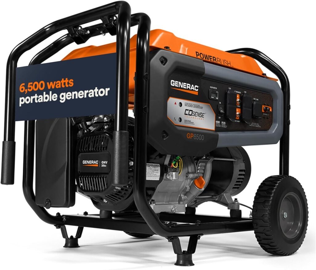Generac 7680 GP6500 6,500-Watt Gas-Powered Portable Generator with Co-Sense Technology - Ideal for Emergency Backup Power and Job Sites