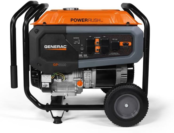 Generac 7681 GP6500 6,500-Watt Gas-Powered Portable Generator - PowerRush Technology for Increased Starting Capacity - Reliable and Durable - Easy Transport and Maintenance - Includes Cord,Orange