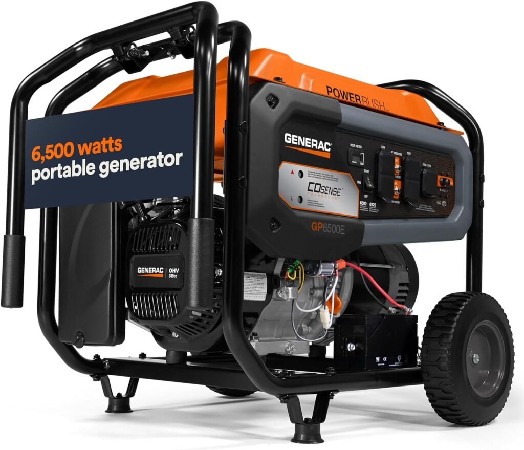 Generac 7682 GP6500E 6,500-Watt Gas-Powered Portable Generator - Powerrush Advanced Technology with Electric Start - Durable Design and Reliable Backup Power - 49-State Compliant