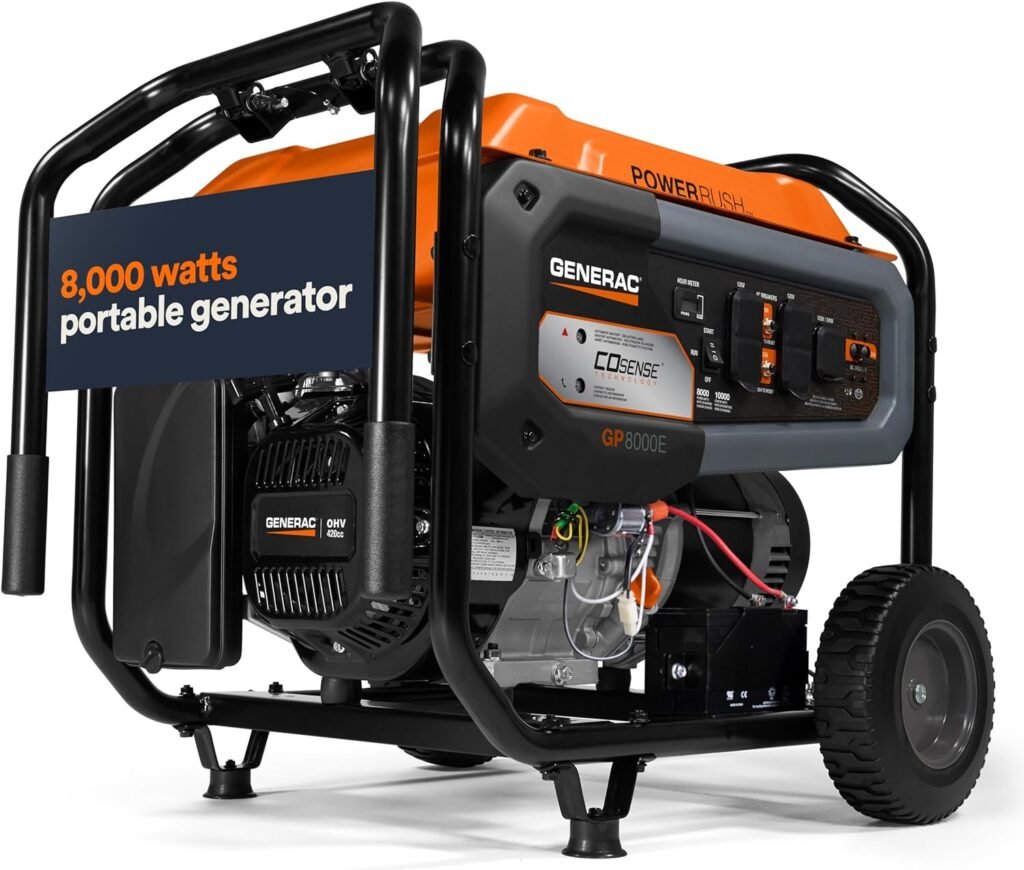 Generac 8011 GP7500E 7,500-Watt Dual-Fuel Compatible Portable Generator - Gas and Propane - COsense Technology with Electric Start - Powerrush Advanced Technology - Reliable Power Solution