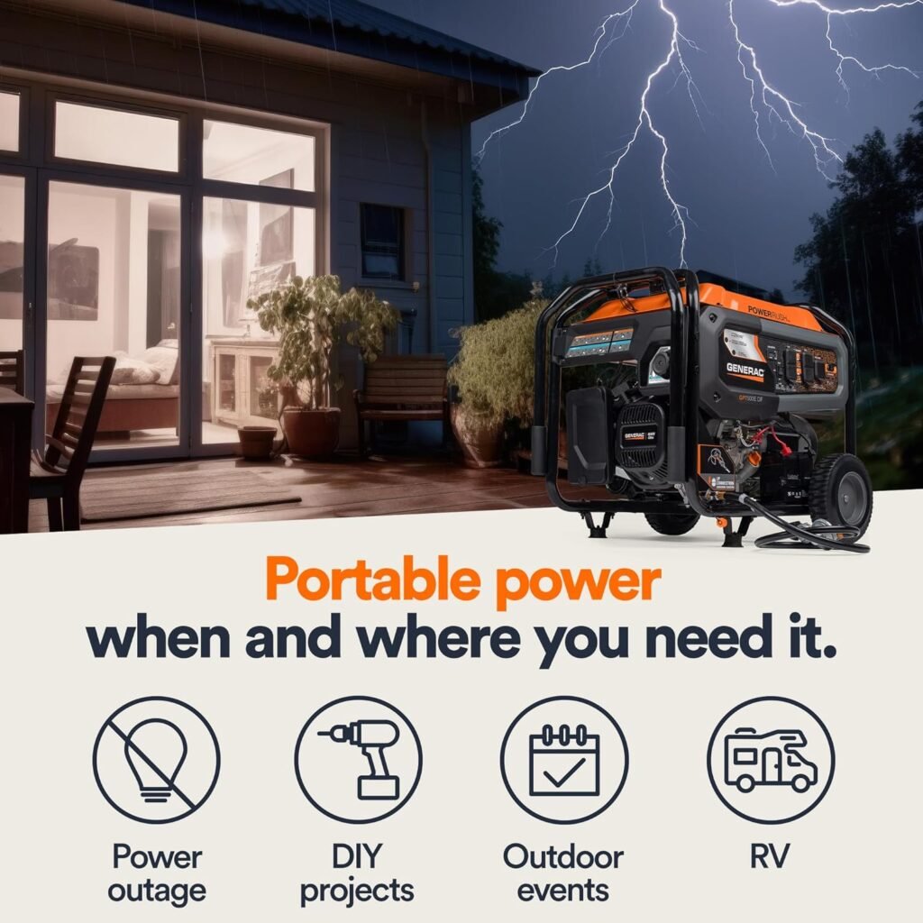 Generac 8011 GP7500E 7,500-Watt Dual-Fuel Compatible Portable Generator - Gas and Propane - COsense Technology with Electric Start - Powerrush Advanced Technology - Reliable Power Solution