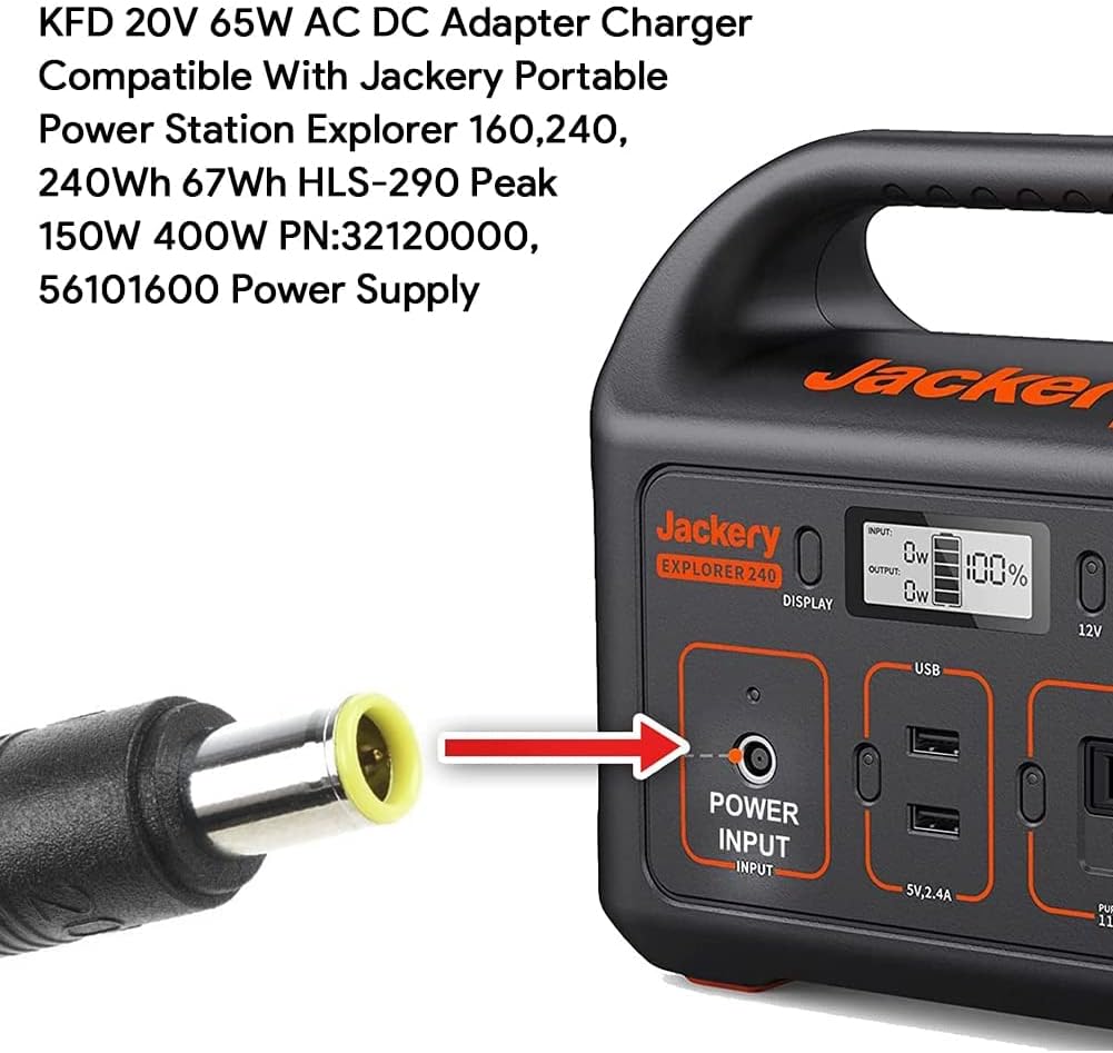 KFD 65W Power Supply Charger for Jackery Portable Explorer 160/240/E160/E240 Power Station,Honda HLS 290 167Wh 240Wh Lithium Battery Peak 150W 400W PN: YHY-12005000 DS120060C8-W 56101600 32120000