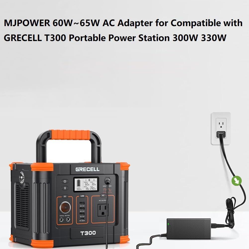 MJPOWER 65W AC/DC Adapter Compatible with GRECELL T300 Portable Power Station 300W (Peak 600W), GRECELL 288Wh Solar Generator Replacement 60W Power Supply Cable Charger Plug Model FJ-SW20171504000D