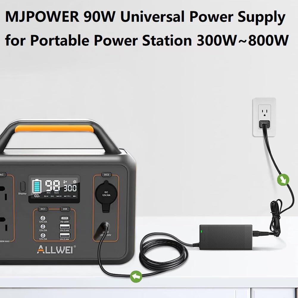 MJPOWER 90W Universal AC Adapter Charger for Portable Power Station 300W to 800W Jackery/Bluetti/Anker/Rockpals/ALLWEI/EnginStar/CHAFON/Powkey/BALDR/Westinghouse Solar Generator Power Supply Cord