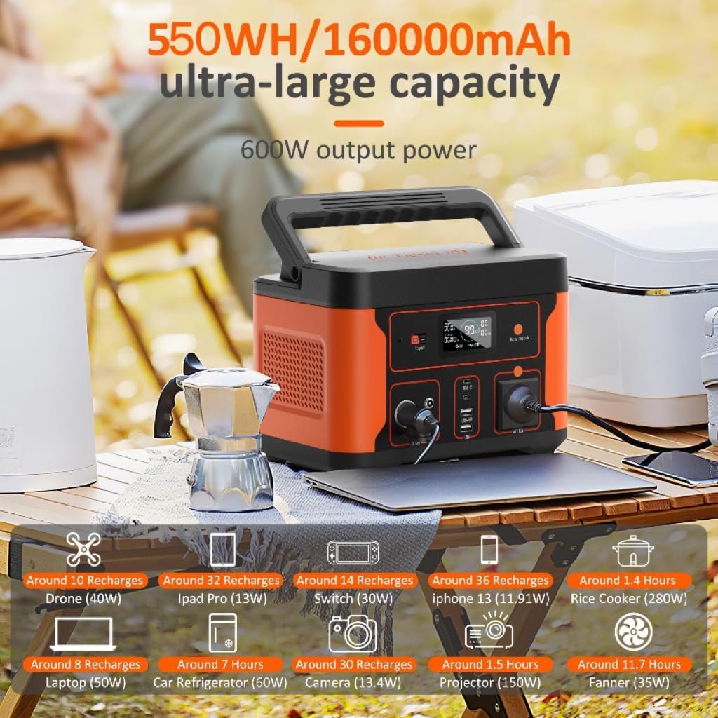 Portable Power Station, 600W(Peak 1200) Solar Generator, 550Wh LiFePO4 Battery Pack, 110V AC Outlets, DCUSB ports, Pure Sine Wave PowerHouse With LED light for Outdoor Travel Camping Emergency