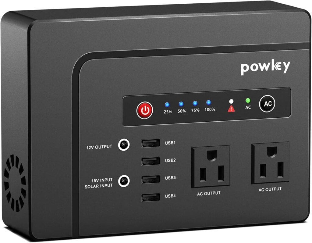 Powkey Portable Power Station 200W, 146Wh Portable Solar Generator Battery Pack with 2 Pure Sine Wave AC Outlets/4 USB A/1 DC Port, Lithium Battery Backup Power Supply for Camping Travel Outdoor Home