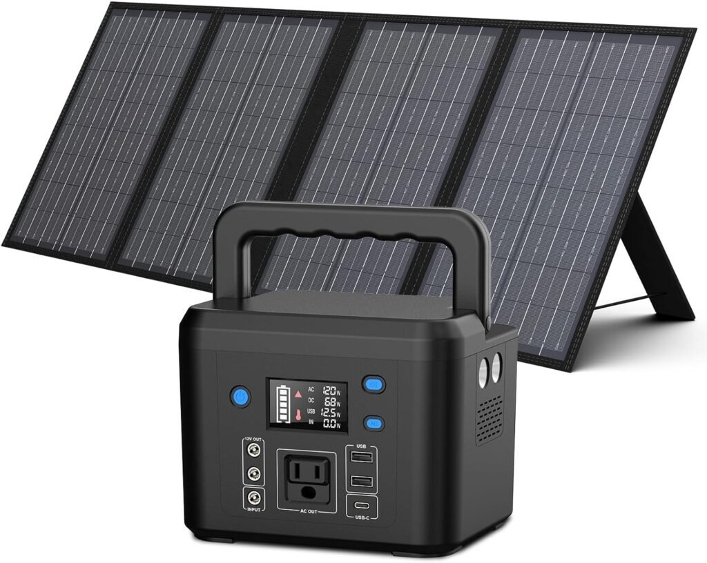 200W Solar Generator with Panel, Powkey 120Wh/200W Portable Power Station with 60W Foldable Solar Panel for Outdoor Camping