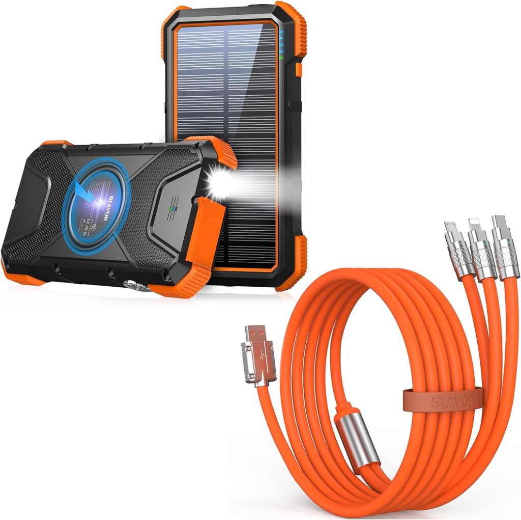 BLAVOR 20000mAh Solar Power Bank 𝗣𝗗𝟭𝟴𝗪 𝐐𝐂𝟑.𝟎 Fast Charging 10W Wireless Charger(Orange) Plus 3 in 1 Multi Charging Cable 4FT