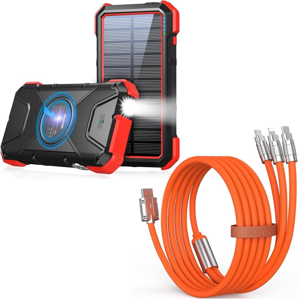 BLAVOR 20000mAh Solar Power Bank 𝗣𝗗𝟭𝟴𝗪 𝐐𝐂𝟑.𝟎 Fast Charging 10W Wireless Charger(Red) Plus 3 in 1 Multi Charging Cable 4FT