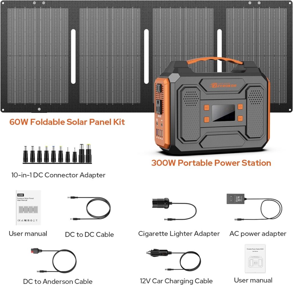 Portable Solar Generator, 300W Portable Power Station with Foldable 60W Solar Panel, 110V Pure Sine Wave, 280Wh Lithium Battery Pack with DC AC Outlet for Home Use RV Outdoor Camping Adventure