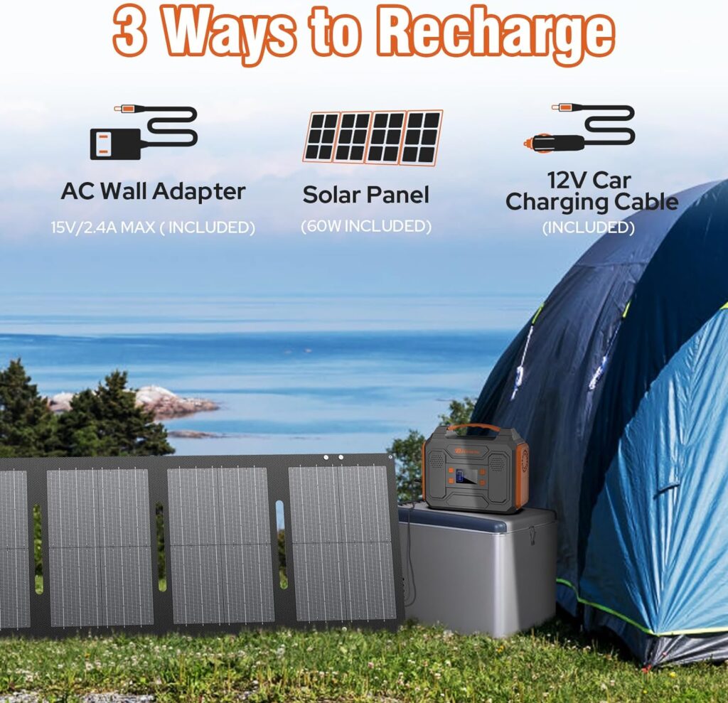 Portable Solar Generator, 300W Portable Power Station with Foldable 60W Solar Panel, 110V Pure Sine Wave, 280Wh Lithium Battery Pack with DC AC Outlet for Home Use RV Outdoor Camping Adventure