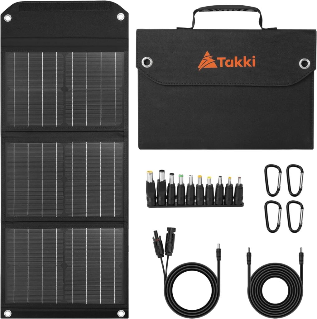 Takki 30W Solar Panel, Foldable Solar Panel Battery Charger Kit with USB DC Type-C Ports for Phones Laptop Portable Power Station Generator Camping Tent Home Off-Grid RV Outdoor, 10 Connectors