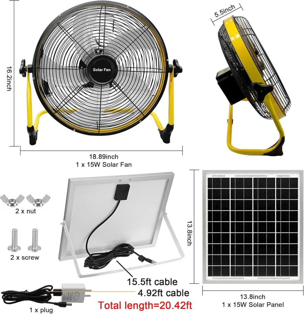 14 Inch Portable Rechargeable Fan,15600mAh Battery Powered,Camping Fan with Solar Panel,360 Vertical Tilt,Solar Powered Fan for Outside,Travel,Chicken Coop,Dog House,Shed,Greenhouse