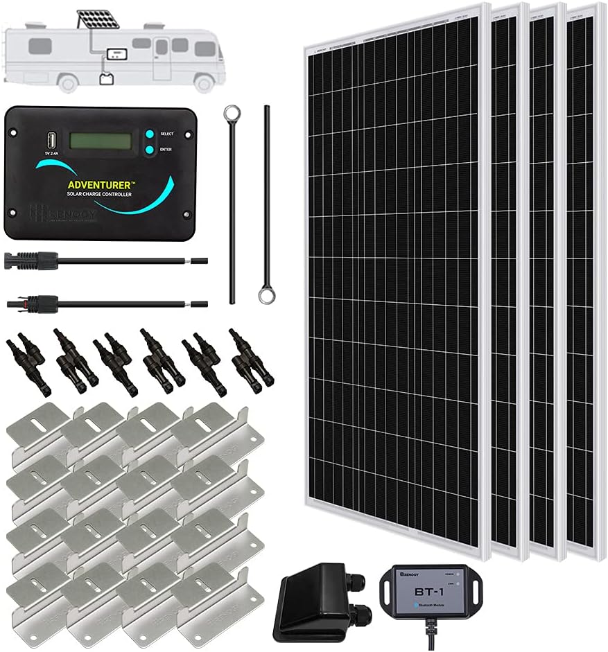 Renogy 400 Watts 12 Volts Monocrystalline Solar RV Kit Off-Grid Kit with Adventurer 30A PWM LCD Charge Controller+ Mounting Brackets+ Male and Female Connectors+Solar Cables+Cable Entry housing