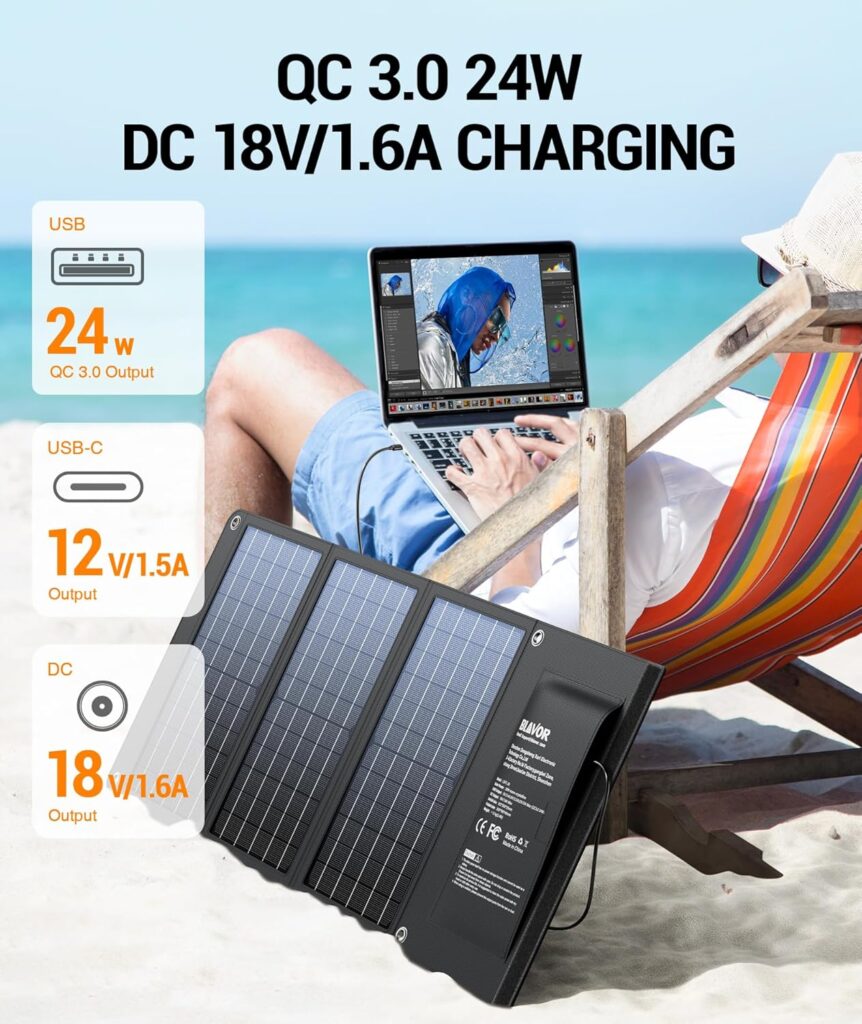 [Upgraded] BLAVOR 30W Solar Charger USB-A QC3.0 24W USB-C DC 30W Outputs, Foldable Solar Panel for Camping, IPX4 Waterproof, Solar Battery Charger Compatible with Solar Generators, Phones, Tablets