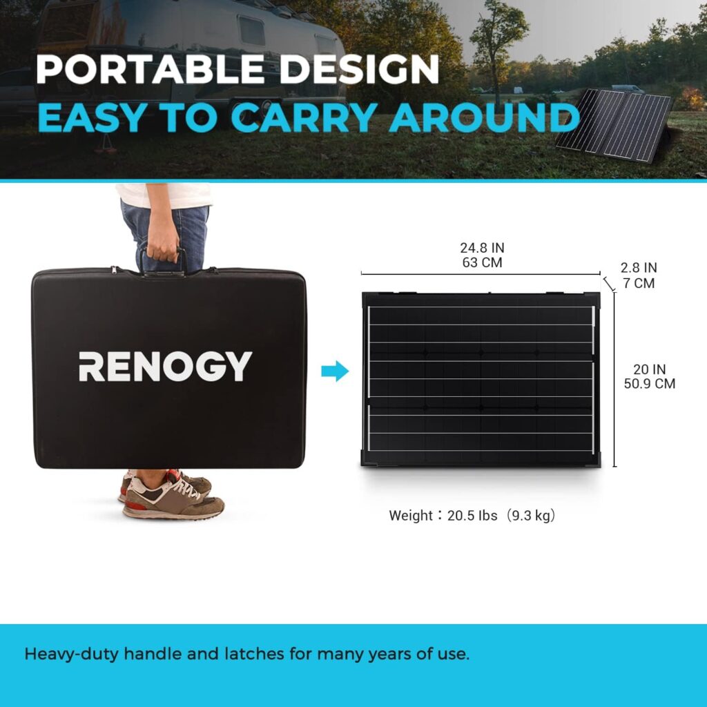 Renogy 100 Watt 12 Volt Portable Solar Panel with Waterproof 20A Charger Controller Foldable 100W Solar Suitcase with Adjustable Kickstand for Power Station, 100W Panel-20A Controller, Black