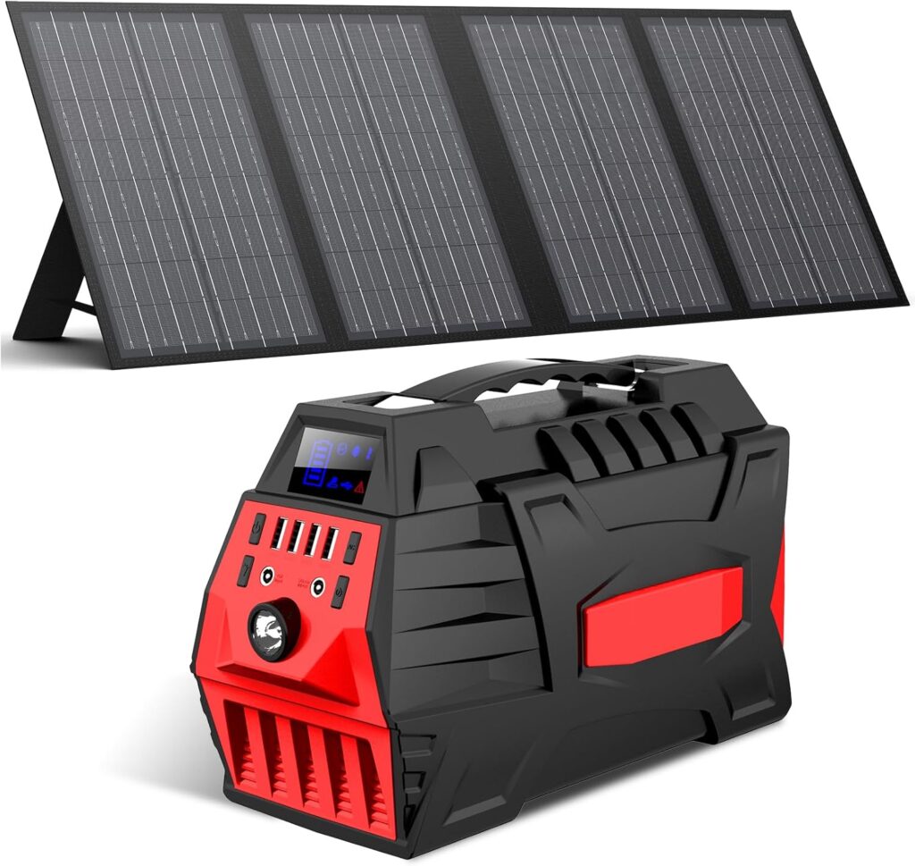 296Wh Portable Power Station with 60W Solar Panel, Solar Generator Outdoor Backup Battery Supply with AC Outlet for Camping, Home Emergency, Traveling, RV Trip