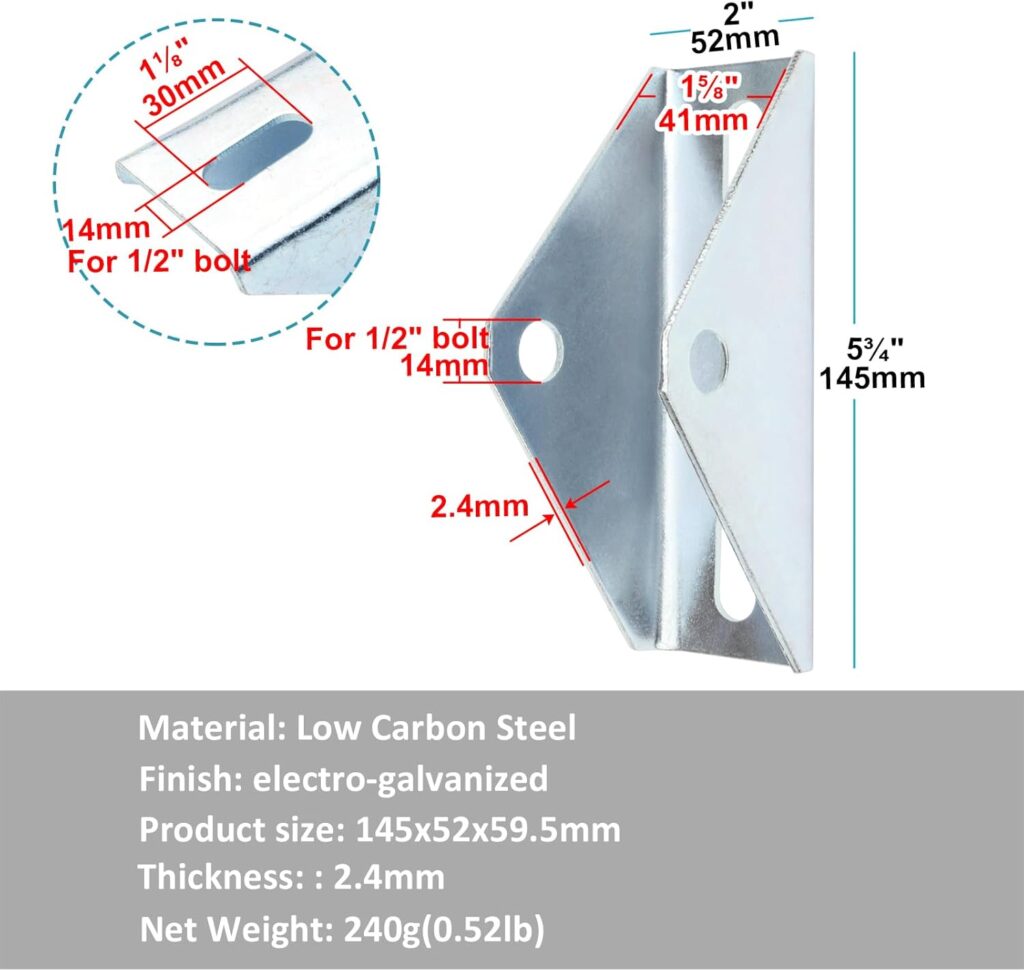 4 PCS Adjustable Angle Solar Panel Tilt Mounting Brackets for 1-5/8 Strut Channel, Pivot Holes Accept 1/2 Bolt, Galvanized Steel Joint Connector, for Solar Installation, 2.4 mm Thickness