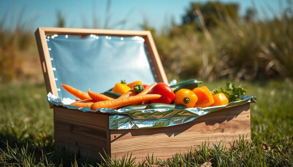 Solar cooking box with vegetables