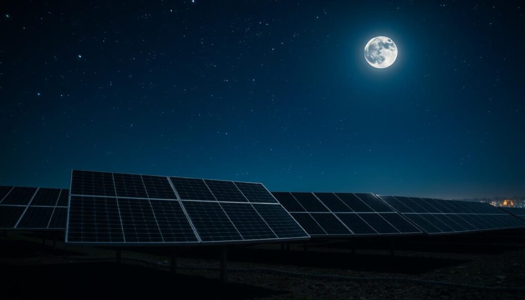 Solar panels at night representing intermittent energy source