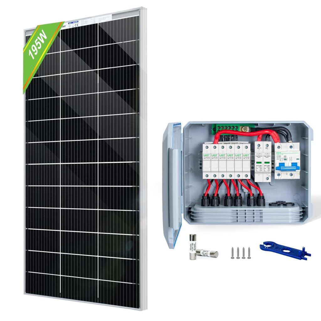 ECO-WORTHY 12V 195 Watt Bifacial Solar Panel and Upgraded 6 String Solar PV Combiner Box, Upgraded 25A Current Fuse