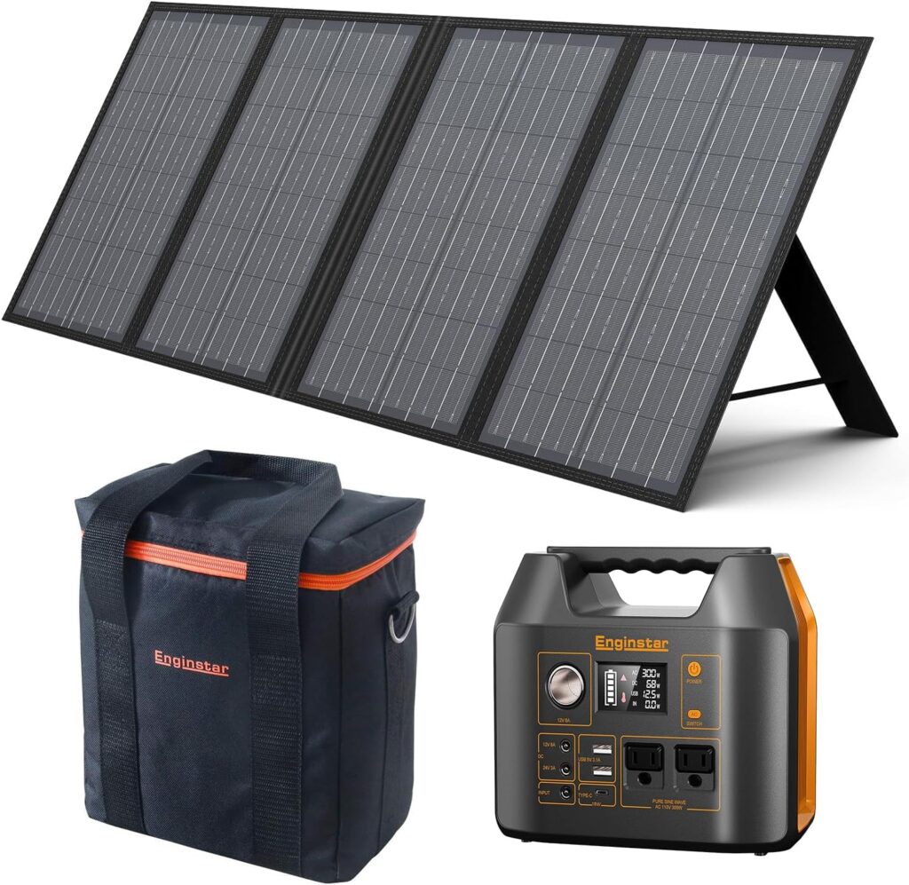 EnginStar 300W Solar Generator with 60W Solar Panel and 300W Carrying Bag 80000mAh Portable Power Station with AC Outlet for Outdoors Camping Emergency Use