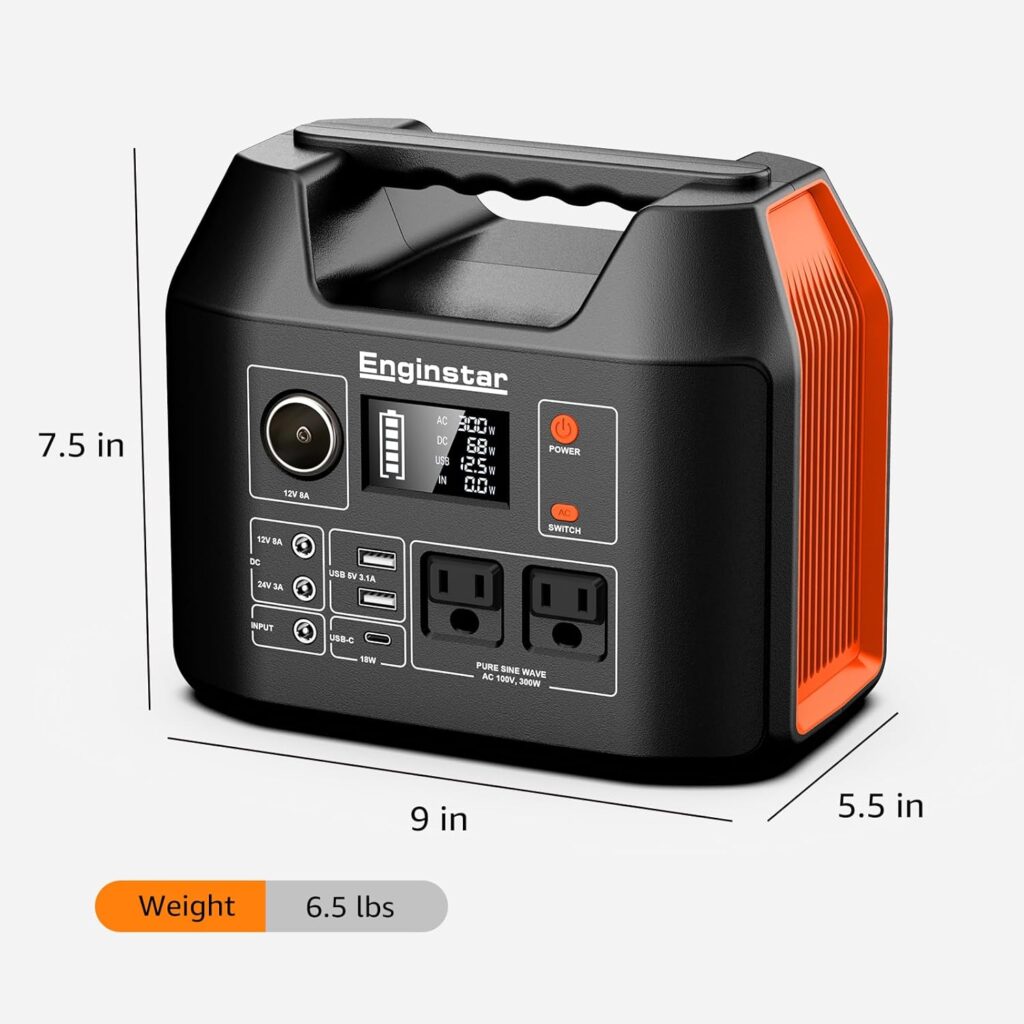 EnginStar Portable Power Station, 300W 296Wh Battery Bank with 110V Pure Sine Wave AC Outlet,100W Foldable Solar Panel Charger with 18V DC Outlet for Portable Power Stations