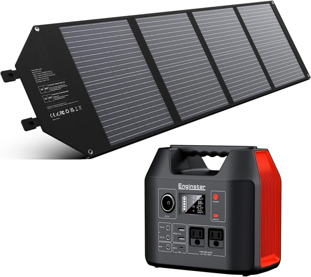 EnginStar Portable Power Station, 300W 296Wh Battery Bank with 110V Pure Sine Wave AC Outlet,100W Foldable Solar Panel Charger with 18V DC Outlet for Portable Power Stations