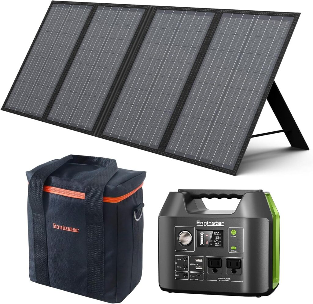 EnginStar Solar Generator 300W Green, 60W Solar Panel and Carry Bag, 80,000mAh Portable Power Bank with AC Outlet for Outdoors Camping Emergency Use