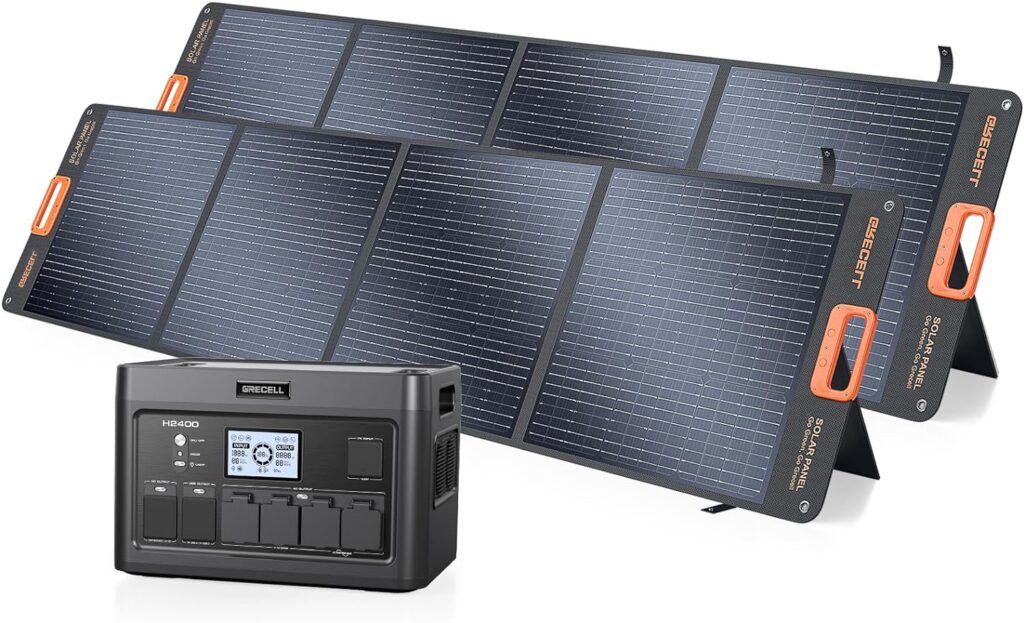 GRECELL Portable Power Station 2400W with 2*200W Foldable Solar Panel, 1843Wh LiFePO4 Solar Generator with 2 PD100W, 4 2400W AC Outlets, UPS Backup Battery for Home Emergency CPAP Outdoor Camping RV