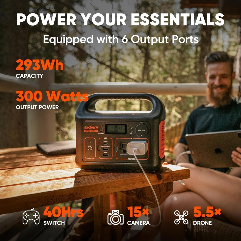 Jackery Solar Generator 300, 293Wh Backup Lithium Battery with 1XSolar Panel SolarSaga 100W, 110V/300W Pure Sine Wave AC Outlet for RV Outdoors Camping Travel Blackout