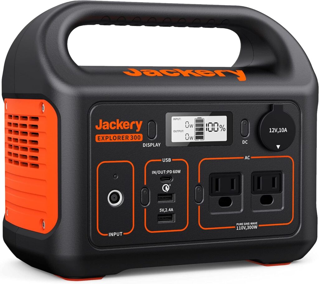 Jackery Solar Generator 300, 293Wh Backup Lithium Battery with 1XSolar Panel SolarSaga 100W, 110V/300W Pure Sine Wave AC Outlet for RV Outdoors Camping Travel Blackout