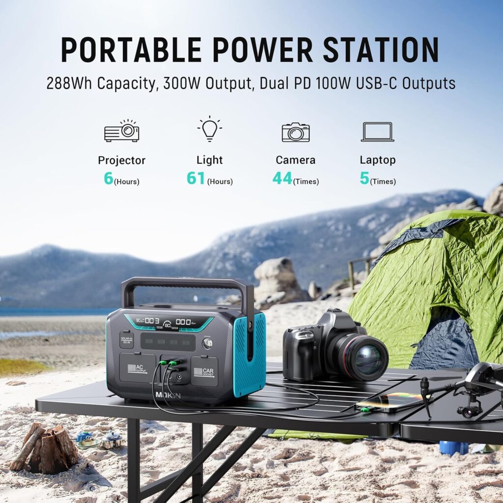 MOKiN Portable Power Station, 288Wh Lithium Battery Emergency Backup Power Source, 9-Port 300W Solar Generator, 2 AC Outlets, 100W USB-C PD Output, Outdoor Generator, for Camping RV Travel.