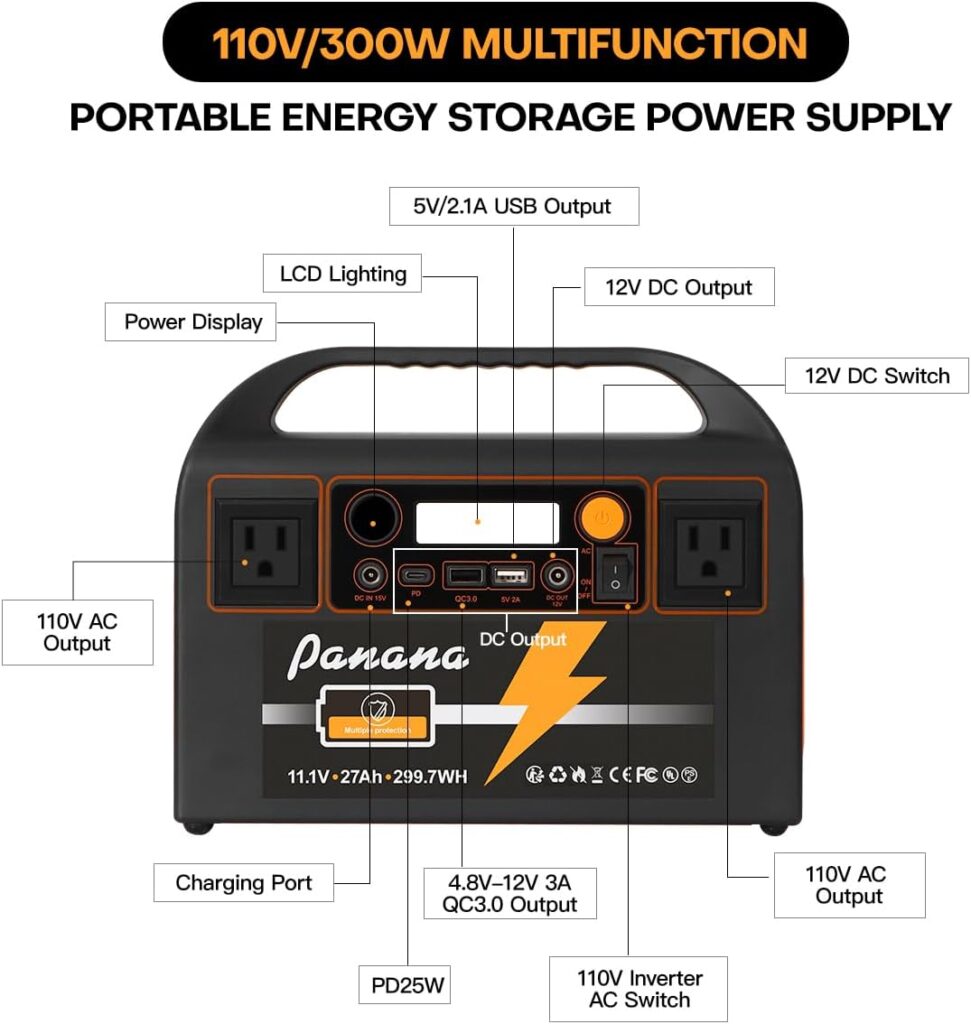 Panana 300W Portable Power Station, 299.7Wh/27Ah Lithium Battery Electronic Solar Generator AC Outlets, DC Output Backup Power Supply for Camping Outdoor Adventure Explorer Travel Emergency