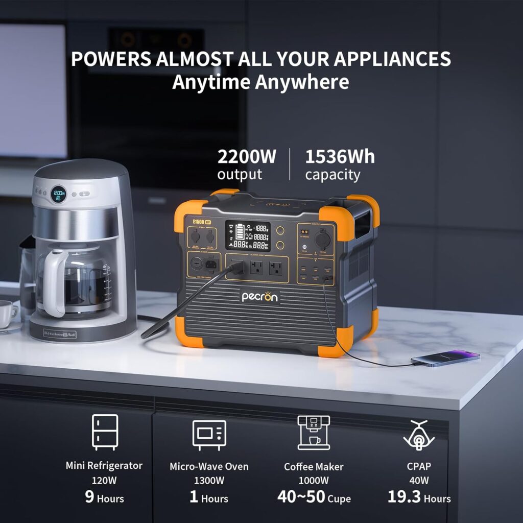 pecron Portable Power Station, E1500LFP Solar Generator 1536Wh, 2200W LiFePO4 Battery Backup, Fast Charging Power Station for Home use, RV, and Outdoor Camping