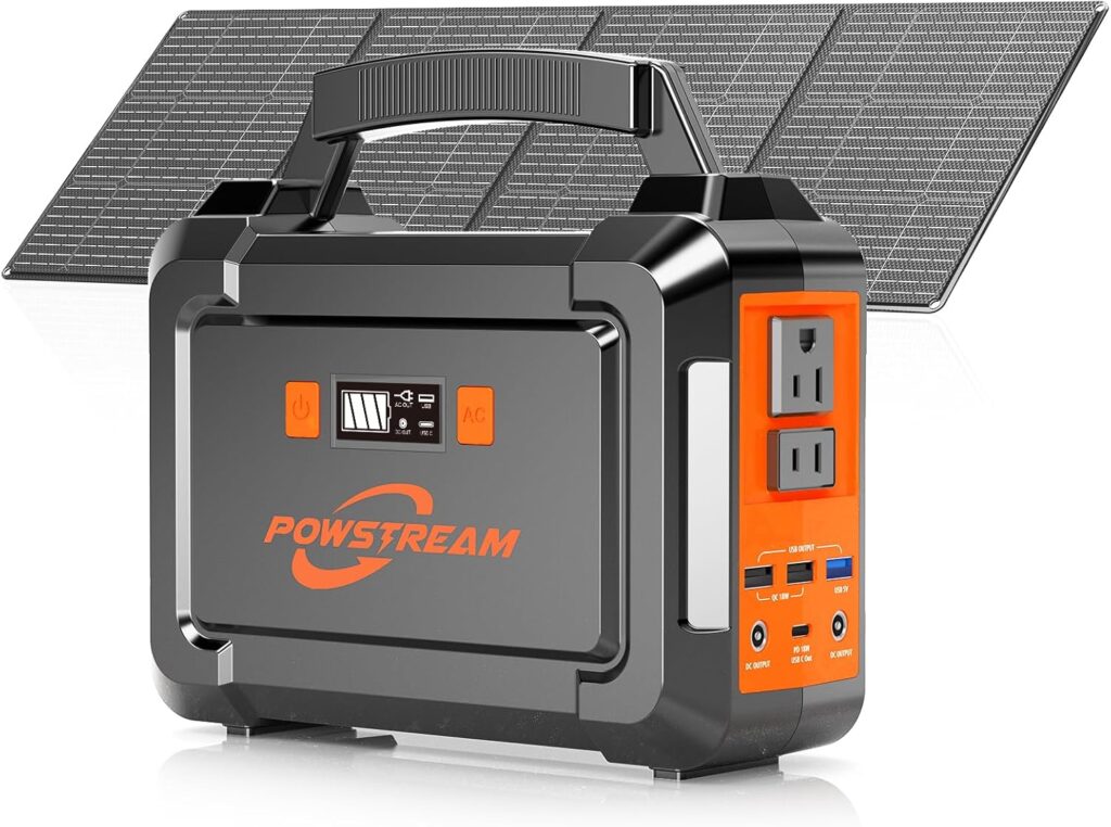 POWSTREAM-300W-Solar-Generator-296Wh-Camping-Portable-Power-Station-with-60W-Foldable-Solar-Panel - Lithium Battery Power Bank with AC Outlet for RV Road Trip Emergency Home Blackout Office CPAP