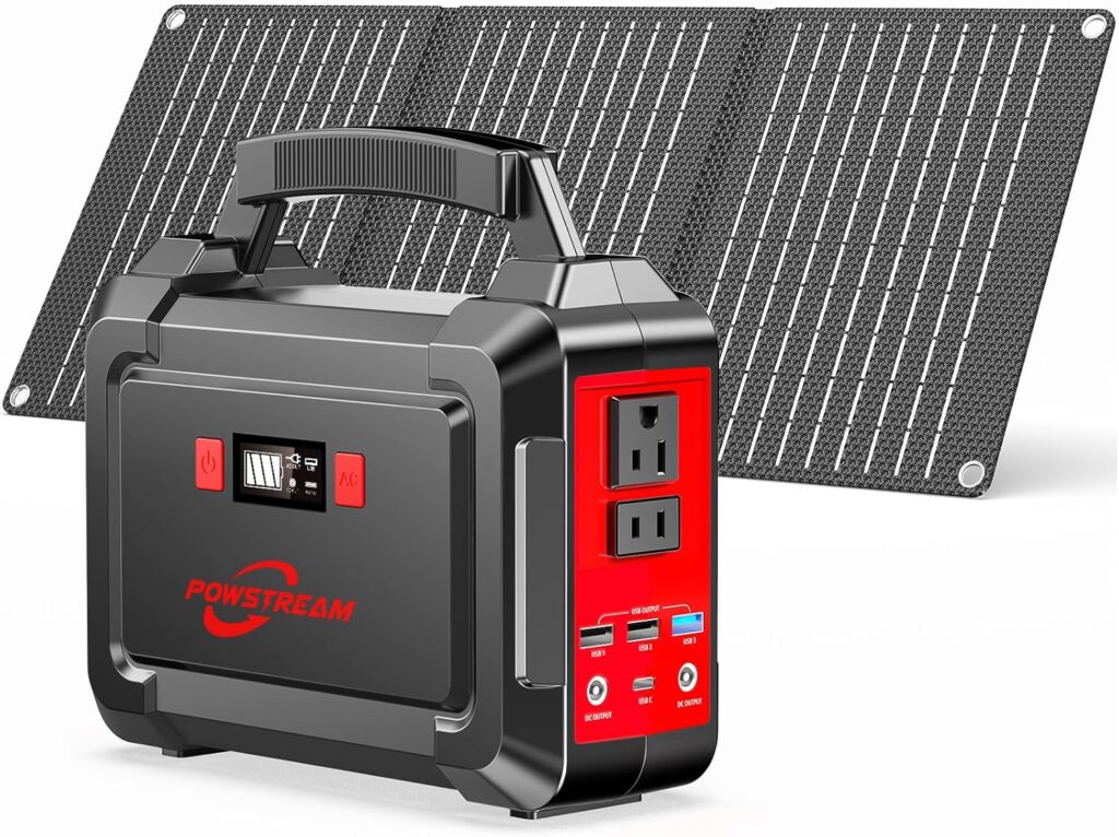 POWSTREAM-300W-Solar-Generator-296Wh-Camping-Portable-Power-Station-with-60W-Foldable-Solar-Panel - Lithium Battery Power Bank with AC Outlet for RV Road Trip Emergency Home Blackout Office CPAP