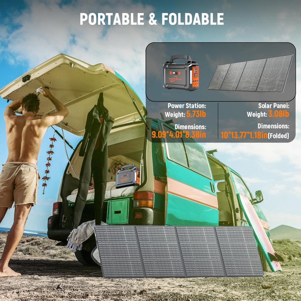 POWSTREAM-300W-Solar-Generator-296Wh-Camping-Portable-Power-Station-with-60W-Foldable-Solar-Panel - Lithium Battery Power Bank with AC Outlet for RV Road Trip Emergency Home Blackout Office CPAP