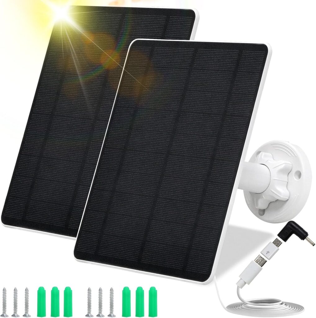 Solar Panel for Security Camera,5W USB Solar Panel for Cameras DC 5V,Camera Solar Panel Charger Micro USB  USB-C  DC,IP65 Waterproof Solar Panels with 9.8ft Cable,Adjustable Security Mount(2 Pack)