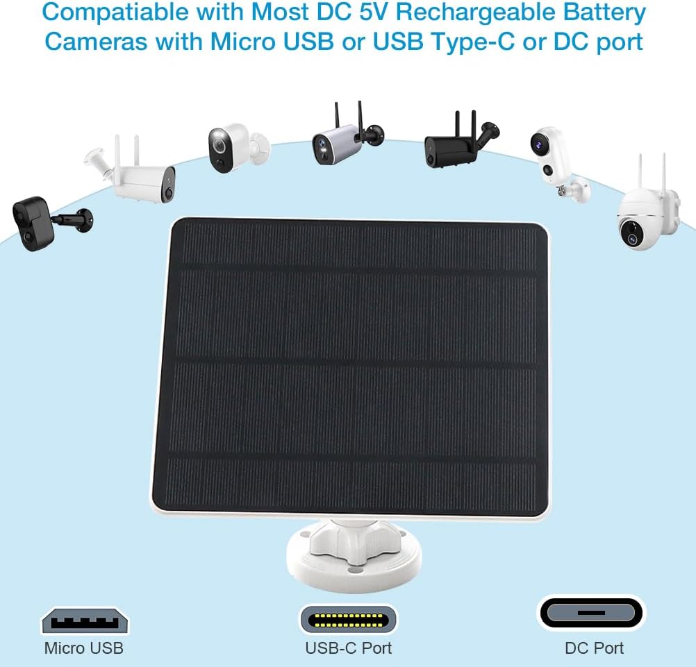 Solar Panel for Security Camera,5W USB Solar Panel for Cameras DC 5V,Camera Solar Panel Charger Micro USB  USB-C  DC,IP65 Waterproof Solar Panels with 9.8ft Cable,Adjustable Security Mount(2 Pack)